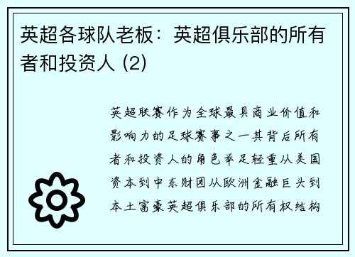 英超各球队老板：英超俱乐部的所有者和投资人 (2)
