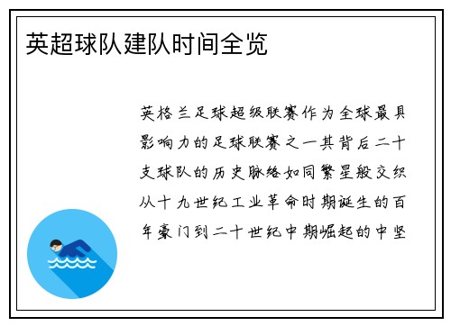 英超球队建队时间全览
